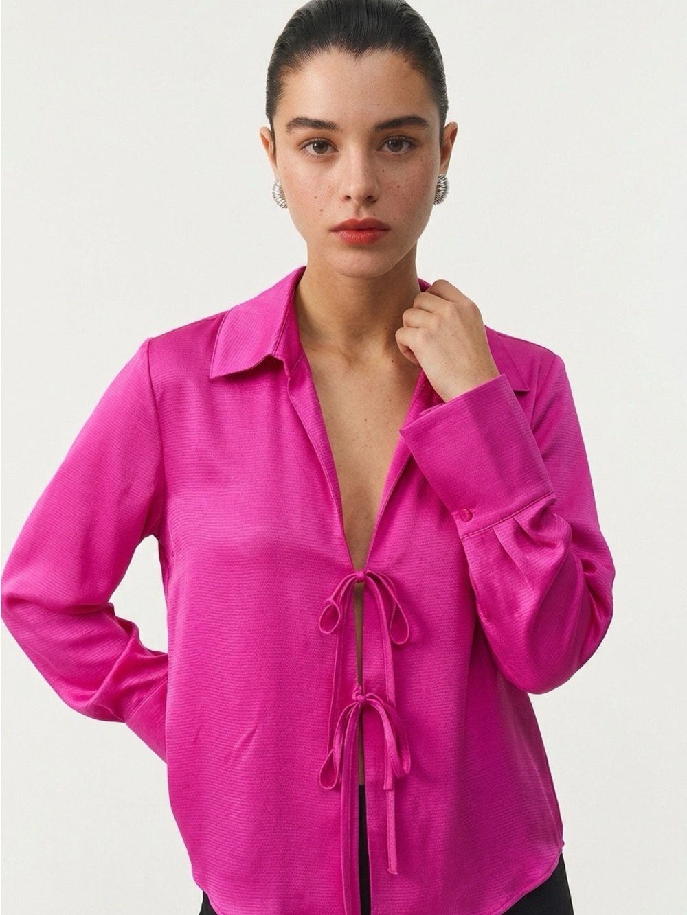 Wild Fable Fuchsia Pink Tie Front Blouse Long Sleeve M